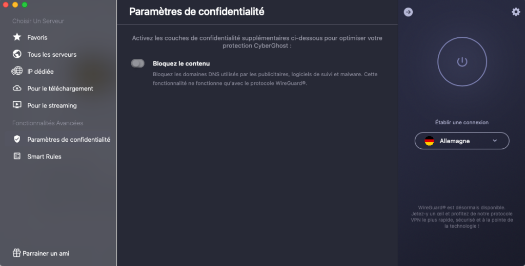 cyberghost parametre confidentialite