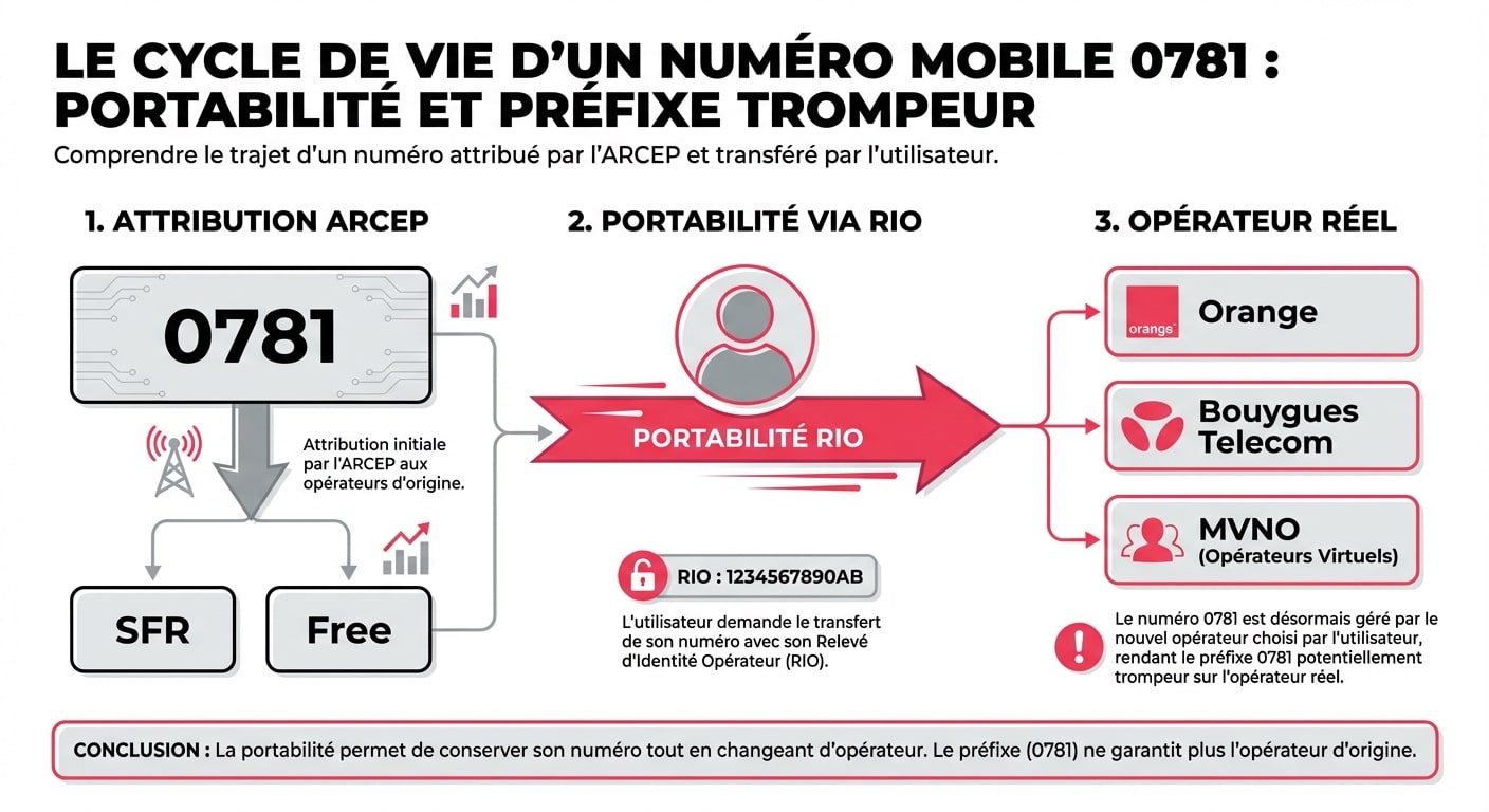 Schéma expliquant pourquoi le préfixe 0781 ne garantit pas l'opérateur actuel à cause de la portabilité.