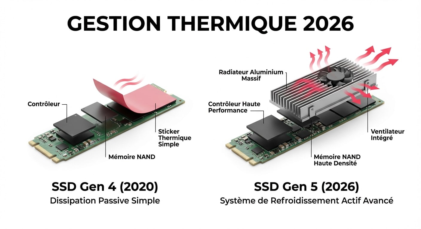 Comparaison du refroidissement nécessaire entre un SSD Gen 4 standard et un SSD Gen 5 haute performance