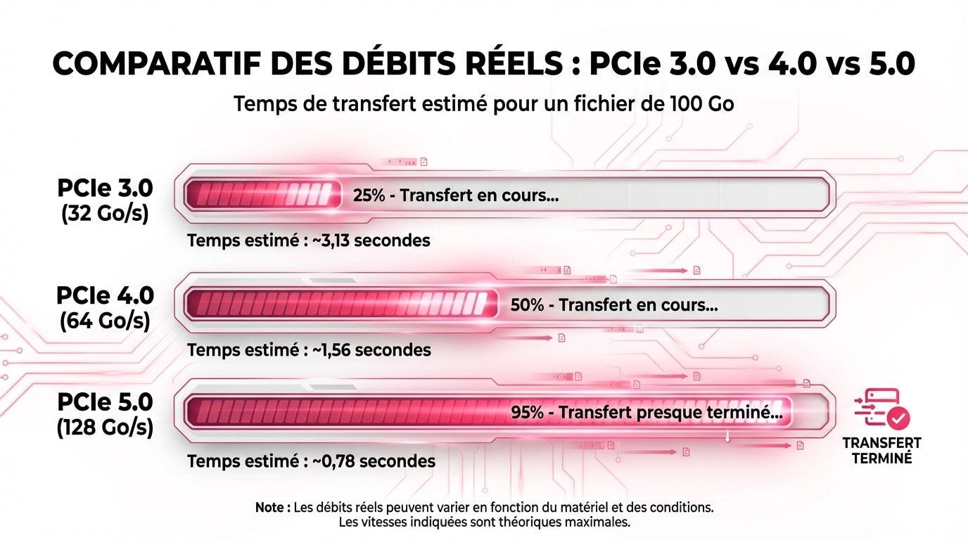Graphique comparatif des débits de bande passante PCIe 3.0 vs 4.0 vs 5.0