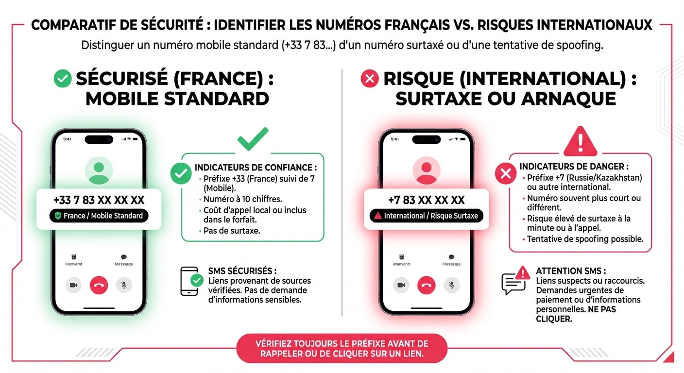 Infographie sécurité : distinguer le format +33 783 du format international +7 piégé