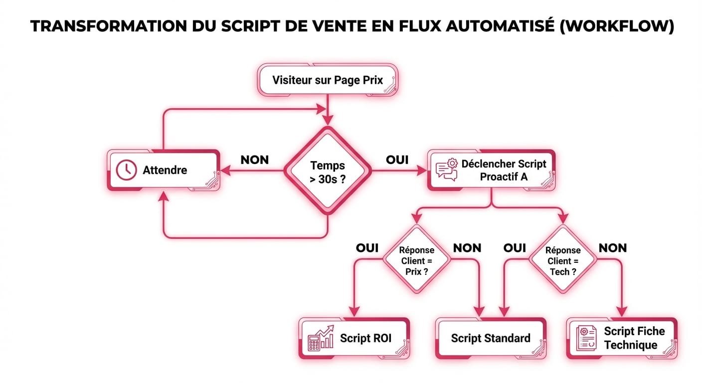 Schéma de workflow : conversion d'un script de vente en arbre de décision pour chatbot