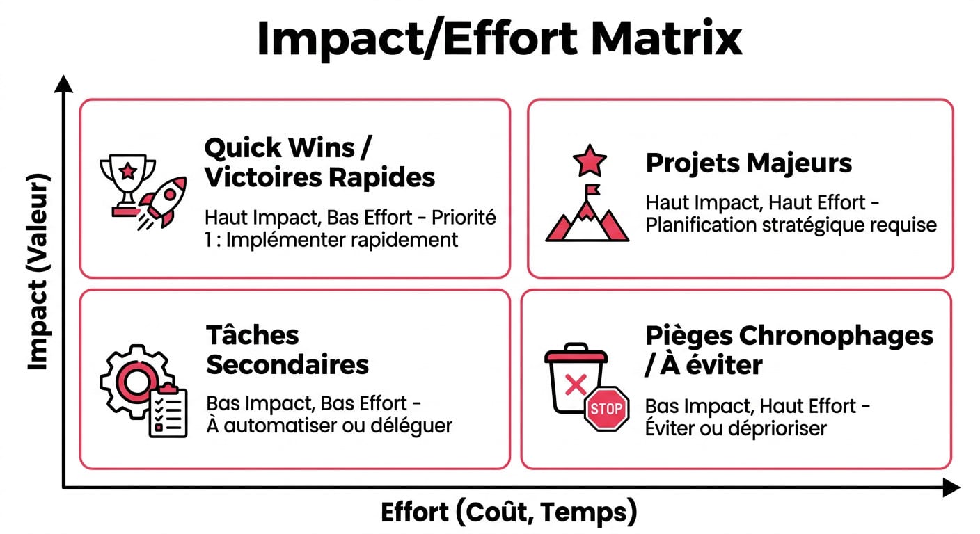 Schéma des 4 quadrants de la matrice impact effort : quick wins, projets majeurs, tâches secondaires et pièges à éviter