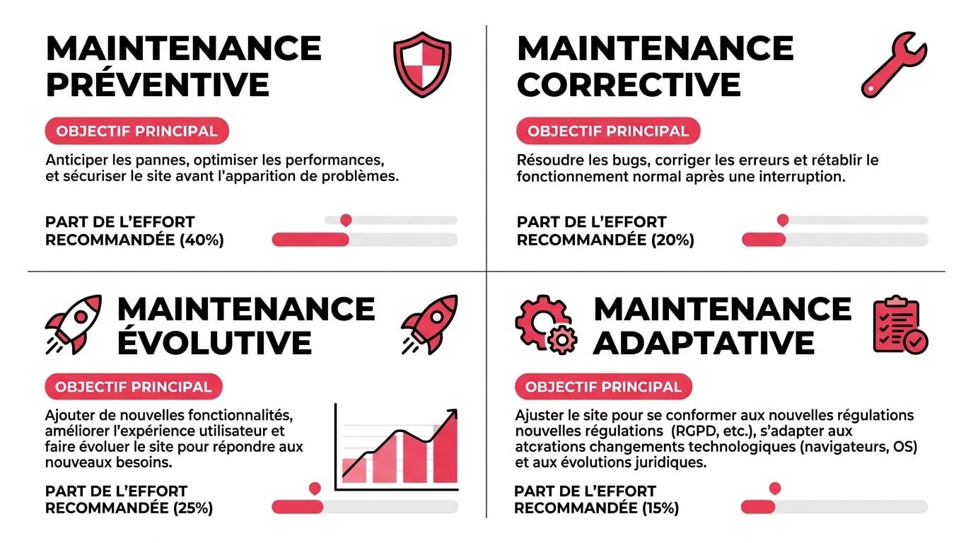 Les 4 piliers de la maintenance de site web : préventive, corrective, évolutive et adaptative