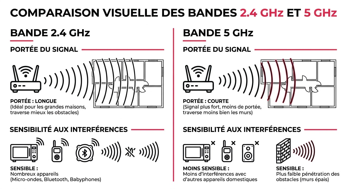 Comparatif technique des bandes Wi-Fi 2.4 GHz et 5 GHz : portée et stabilité