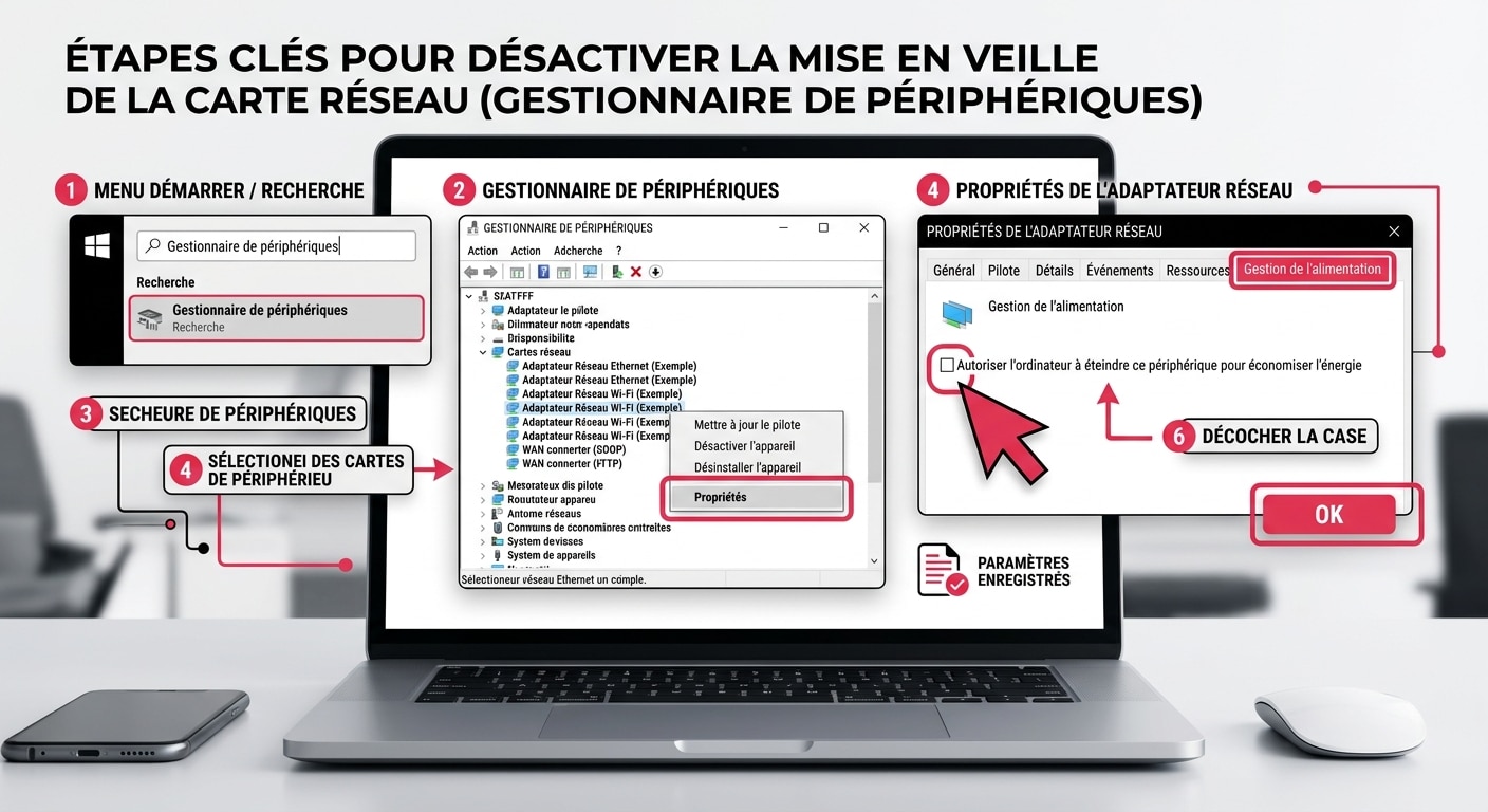 Procédure Windows pour désactiver l'économie d'énergie de la carte Wi-Fi