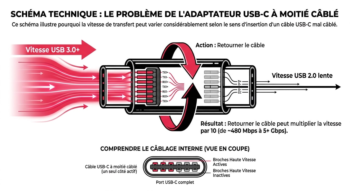 Schéma technique : comment le sens de branchement d'un adaptateur USB-C impacte la vitesse de transfert