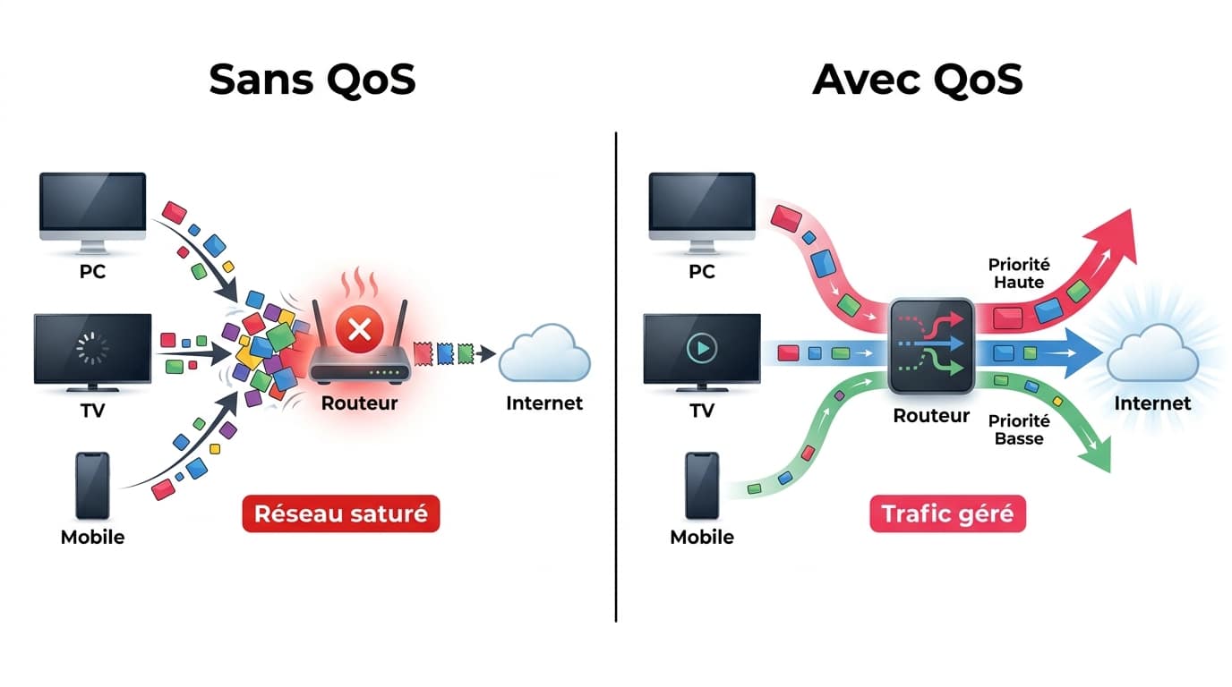 Schéma de principe de la QoS : gestion des priorités et limitation de bande passante sur un réseau local