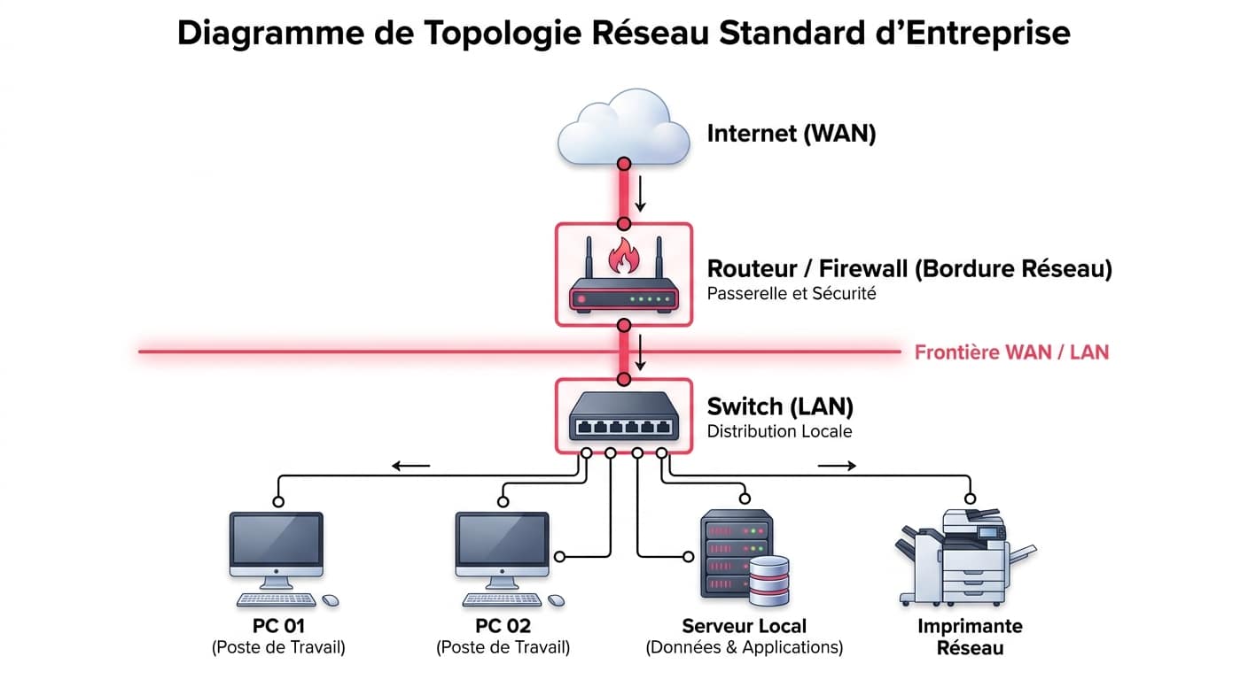 Schéma de topologie réseau montrant la différence de placement entre un routeur WAN et un switch LAN