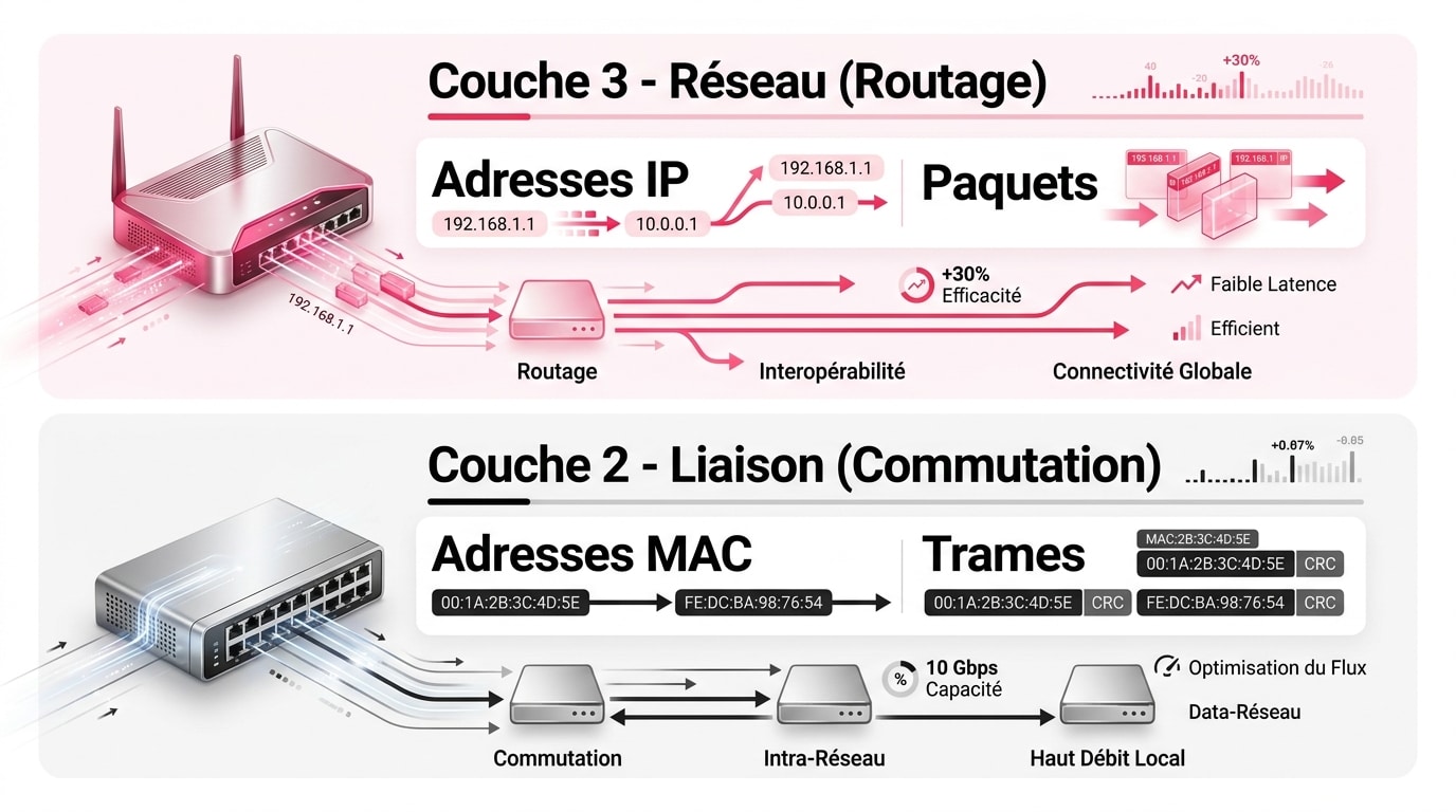 Infographie du modèle OSI : Couche 2 (Switch et adresses MAC) vs Couche 3 (Routeur et adresses IP)