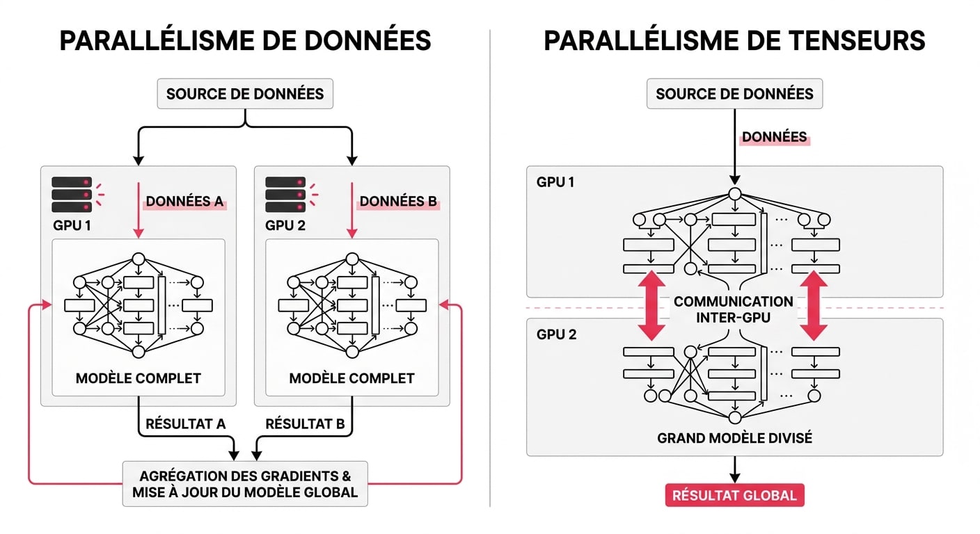 Diagramme d'architecture multi-GPU comparant le parallélisme de données et le parallélisme tensoriel pour LLM
