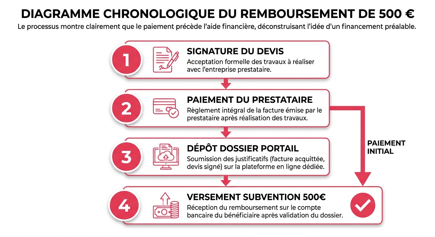 Workflow des 4 étapes obligatoires pour obtenir le remboursement de l'aide numérique de 500 euros
