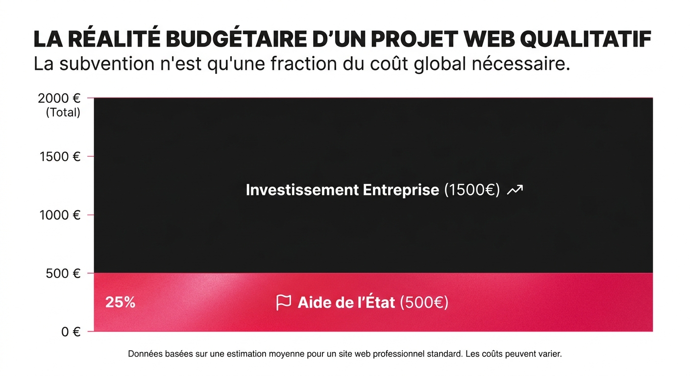 Graphique comparatif montrant la proportion de l'aide de 500 euros face au coût réel d'un site web