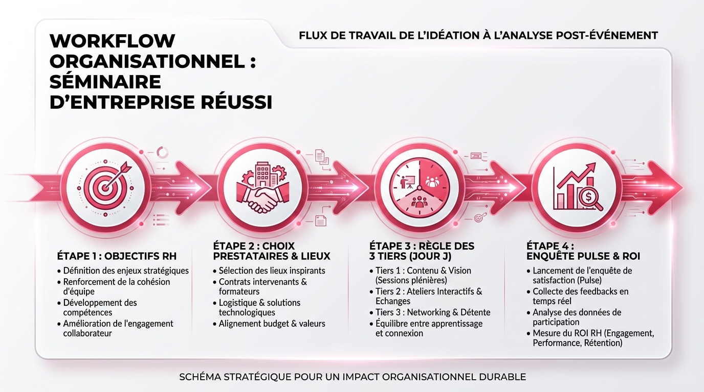 Timeline d'organisation logistique et mesure du ROI pour un séminaire d'entreprise
