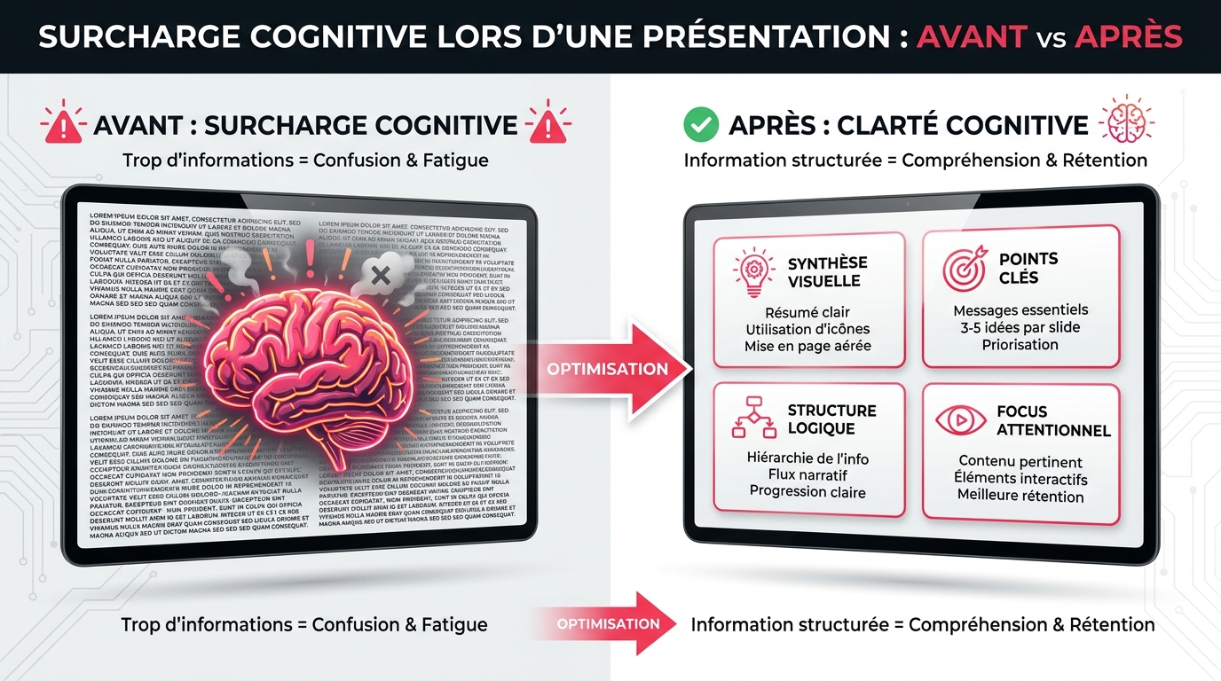 Comparatif de surcharge cognitive : diapositive avec listes à puces denses versus structuration visuelle en blocs