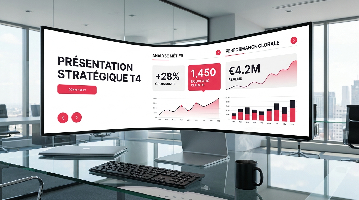 Environnement de travail moderne avec écran affichant une présentation professionnelle dynamique sans texte