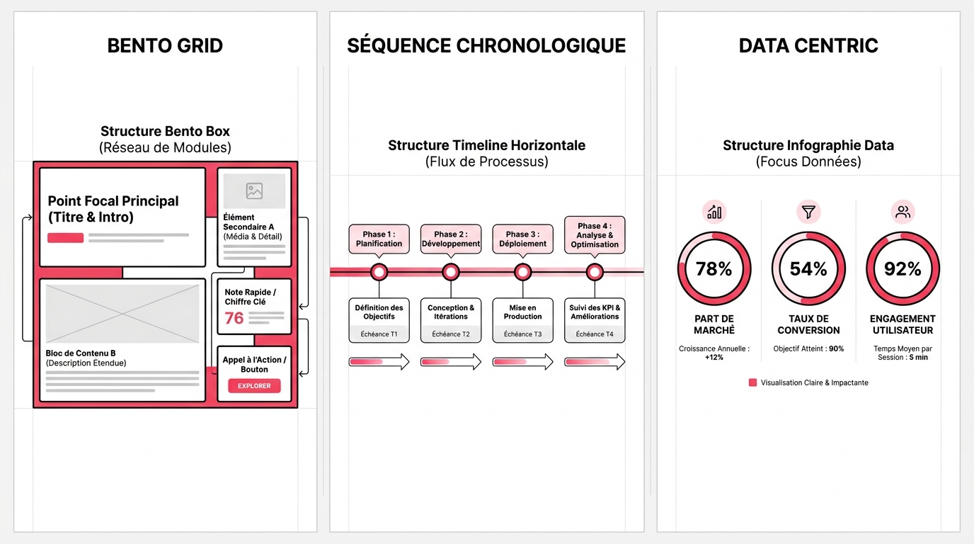 Wireframes de mise en page de diapositives : alternatives aux listes à puces via grilles, timelines et data visualization