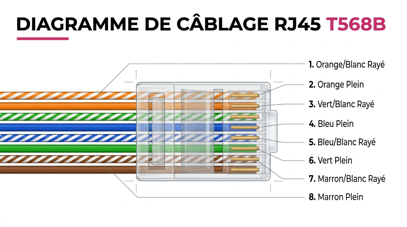 Schéma technique du code couleur RJ45 norme T568B de la broche 1 à 8