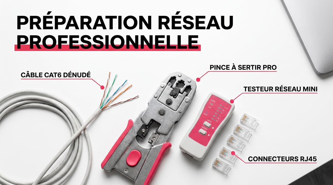 Outillage professionnel pour le sertissage RJ45 : câble Cat6, pince et testeur réseau