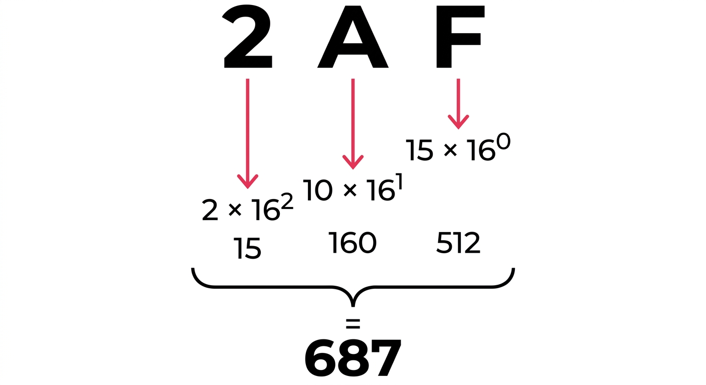 Schéma mathématique de conversion hexadécimal vers décimal par décomposition polynomiale