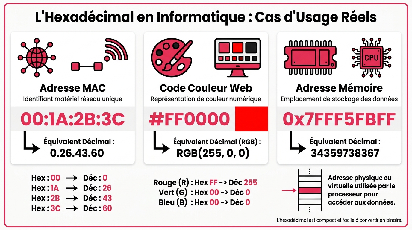 Exemples d'utilisation de l'hexadécimal : réseaux, développement web et architecture système