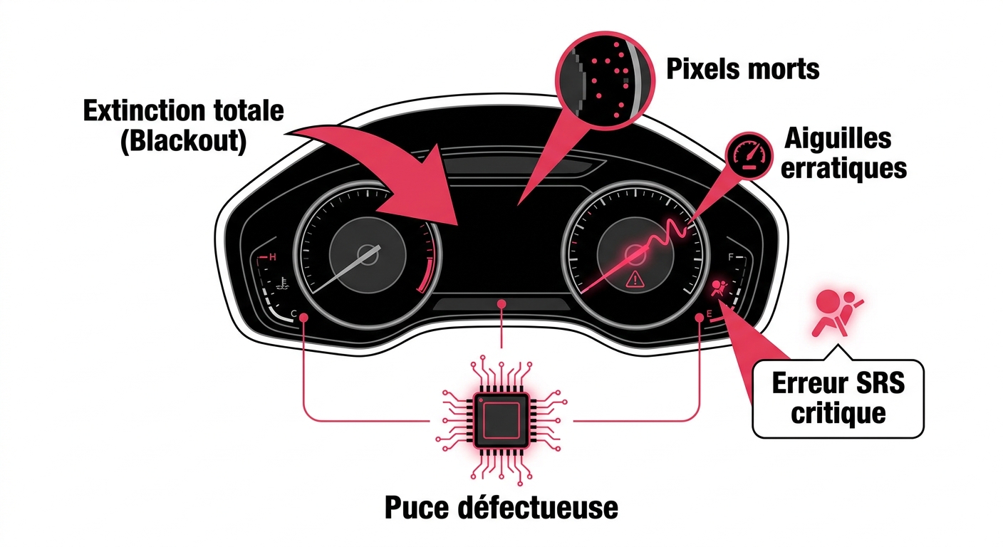 Symptômes courants d'une panne de Driver Information Module : aiguilles, pixels et erreurs