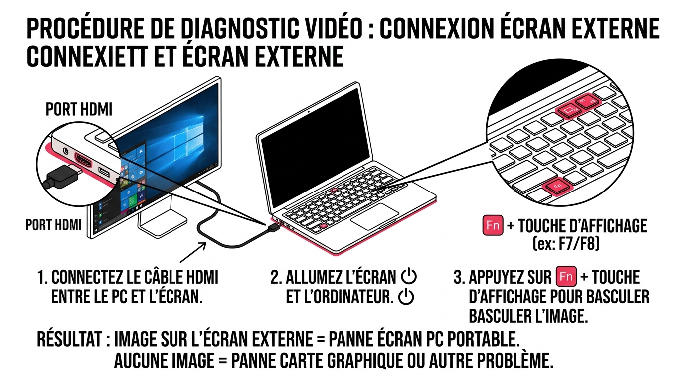 Connexion d'un moniteur externe pour tester la carte graphique d'un PC