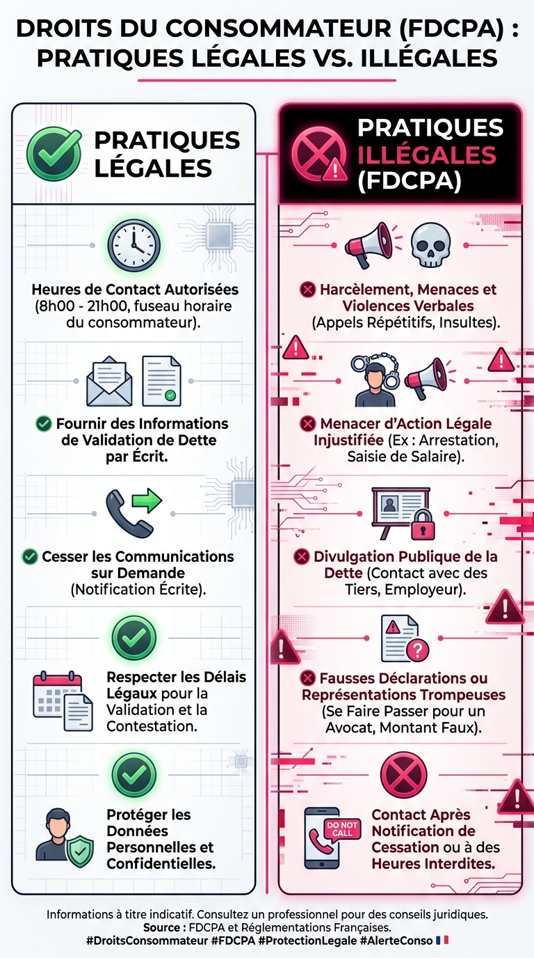 Infographie des droits FDCPA : limites légales et pratiques interdites pour le recouvrement