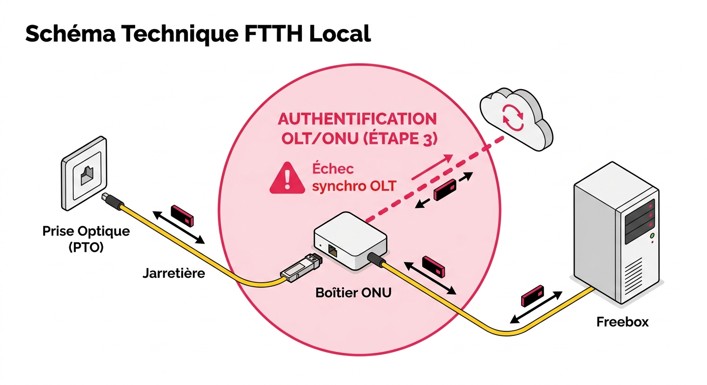 Schéma technique du raccordement FTTH Freebox expliquant le point de blocage de l'étape 3
