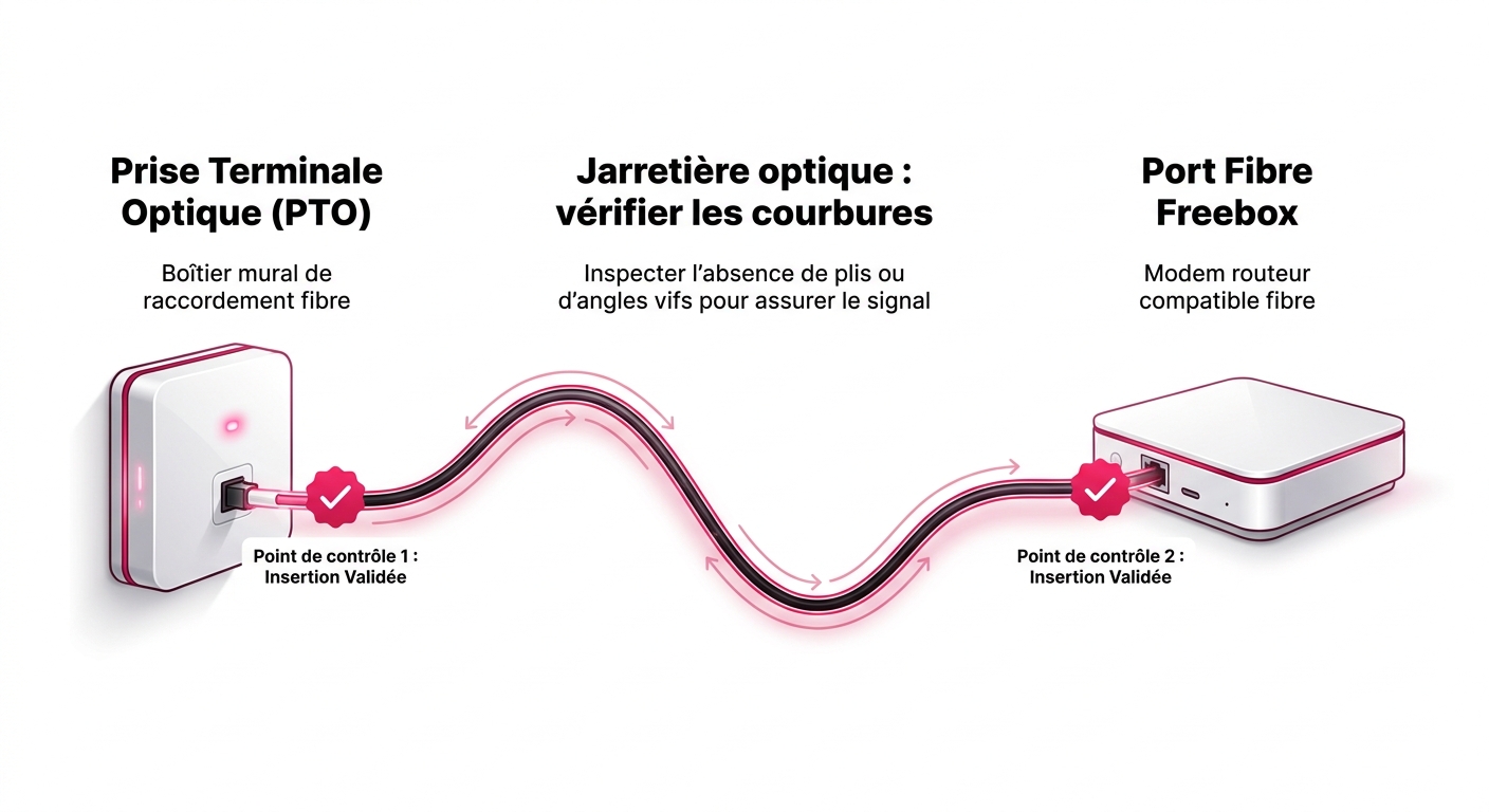 Schéma de diagnostic physique : points de contrôle du câblage entre la prise murale et la Freebox