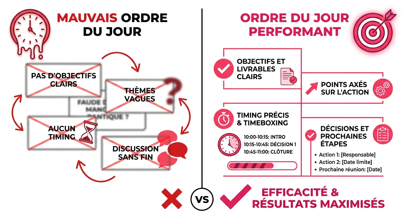 Comparatif entre un mauvais ordre du jour de réunion et une structure performante et timeboxée