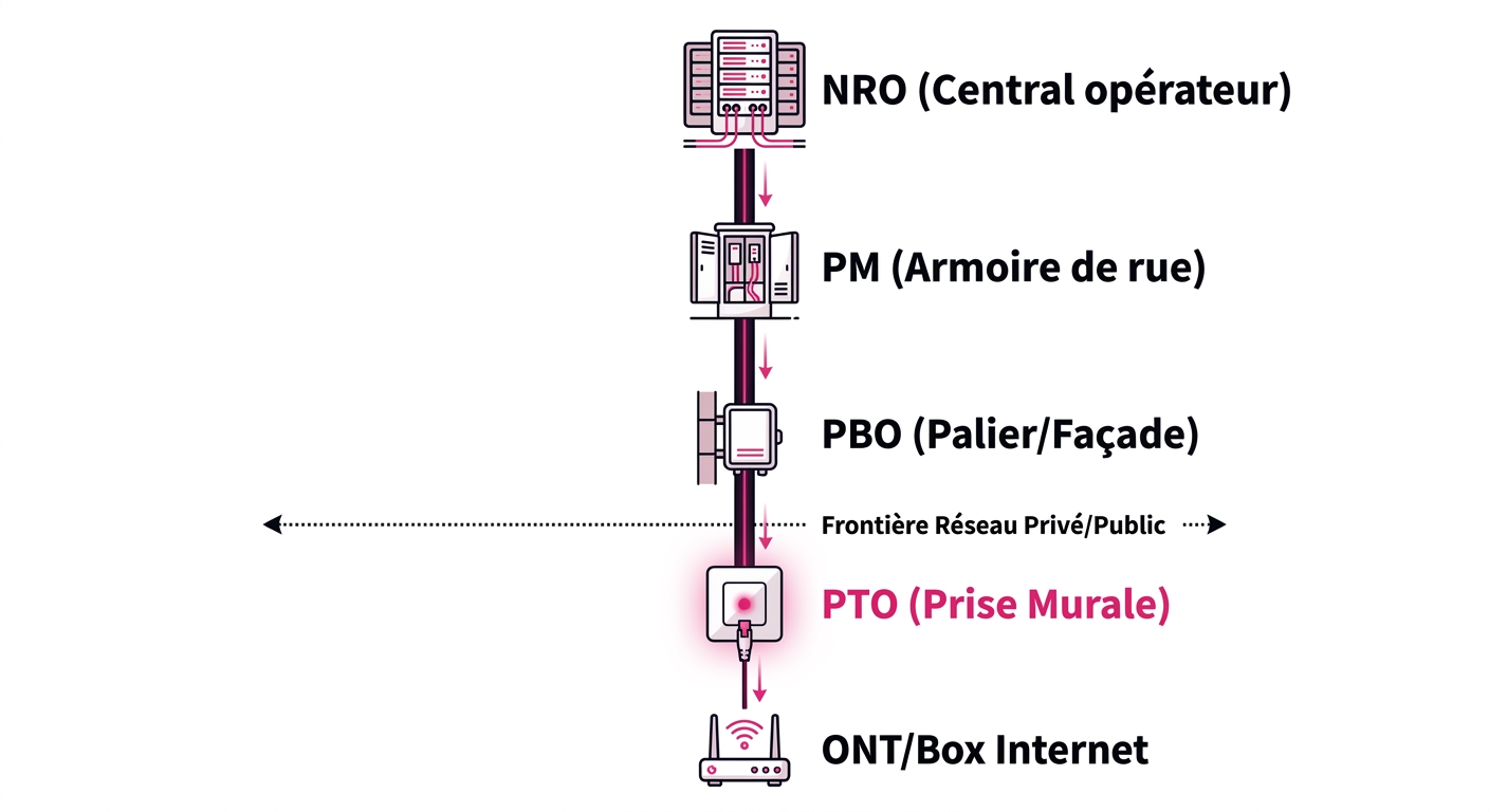 Schéma de l'infrastructure réseau FTTH de la fibre optique du NRO à la prise PTO