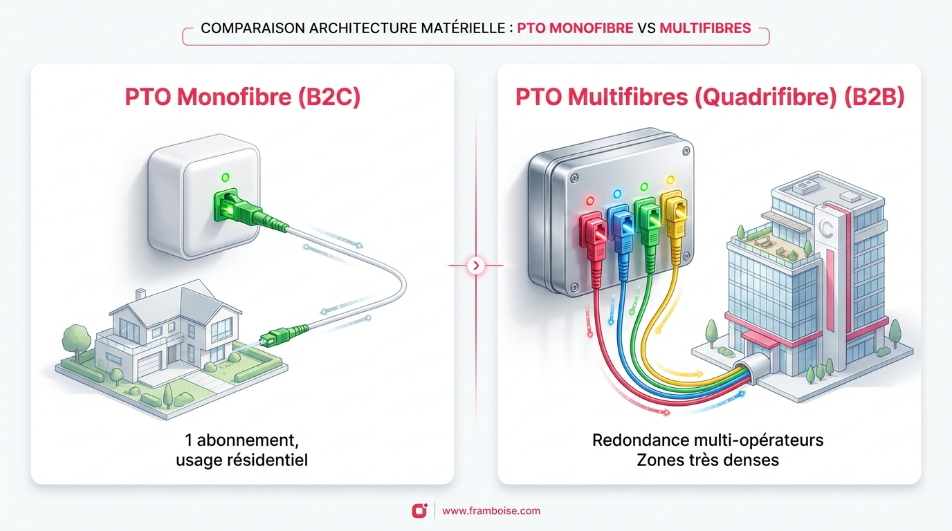 Comparatif technique des prises fibre optique PTO monofibre et multifibres B2B