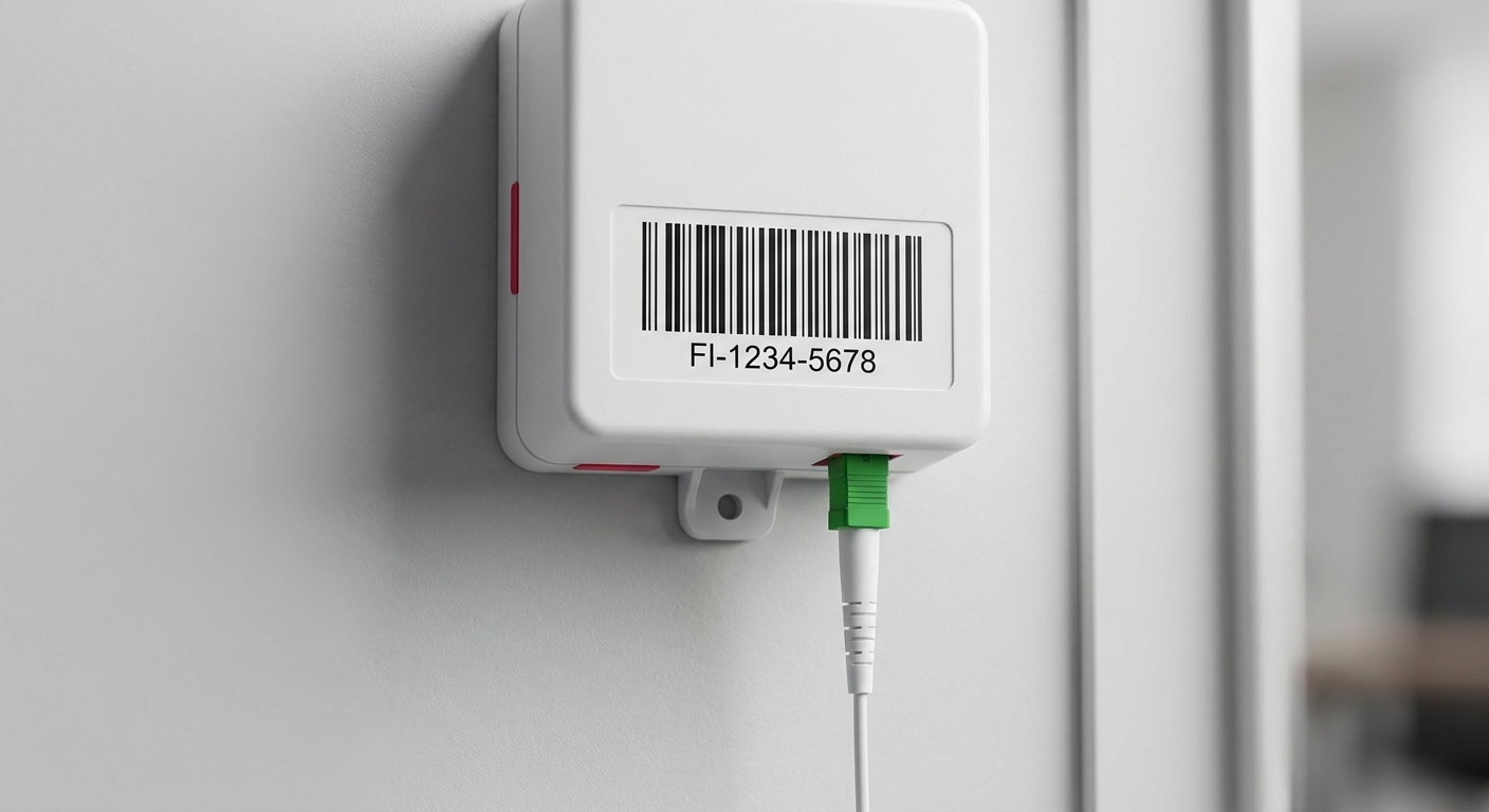 Prise terminale optique (PTO) murale avec son étiquette et numéro d'identification fibre
