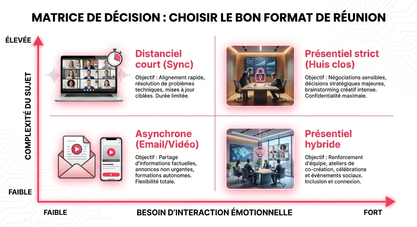 Matrice de décision pour choisir entre réunion présentielle, distancielle ou hybride selon les objectifs