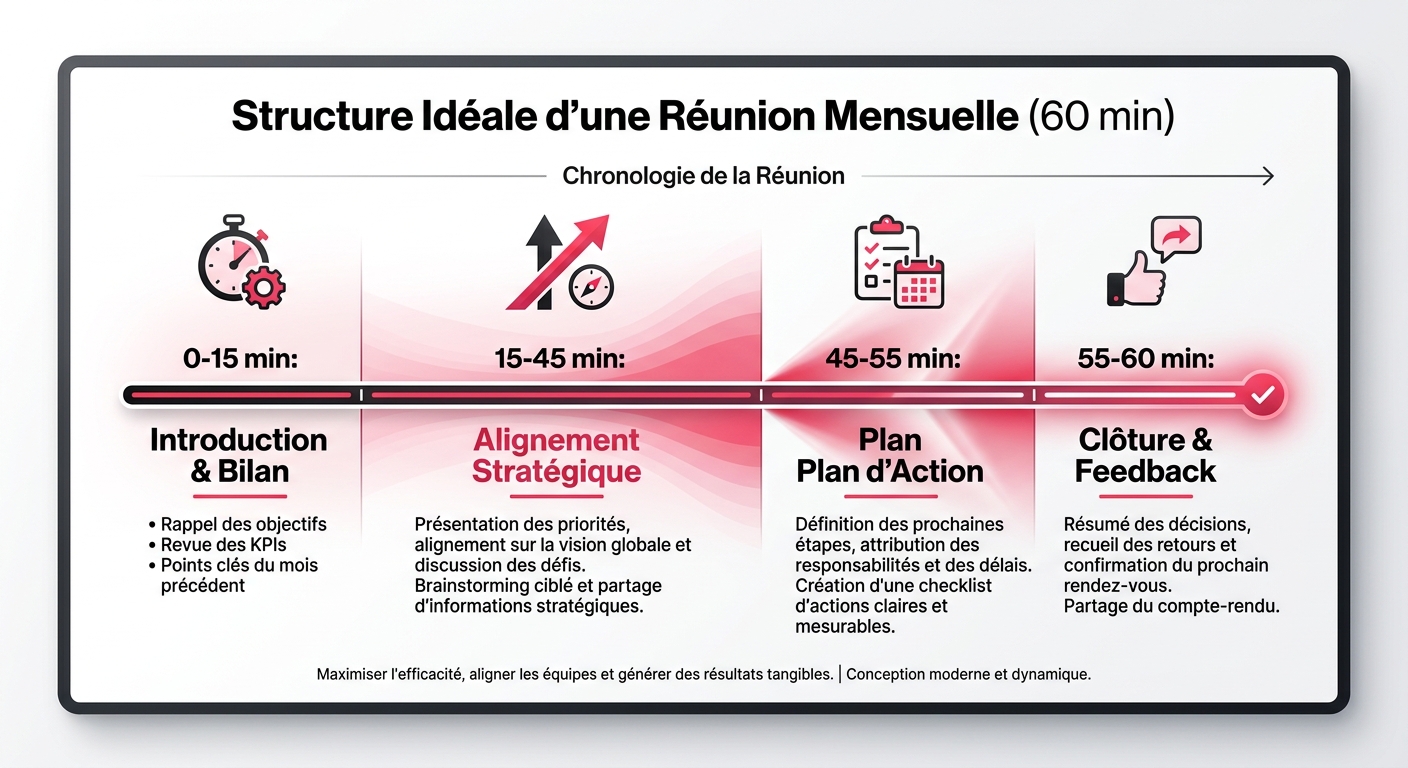 Structure idéale et ordre du jour chronométré pour une réunion mensuelle de 60 minutes