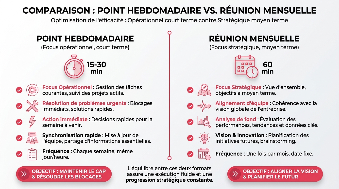 Différence entre réunion hebdomadaire opérationnelle et réunion mensuelle stratégique