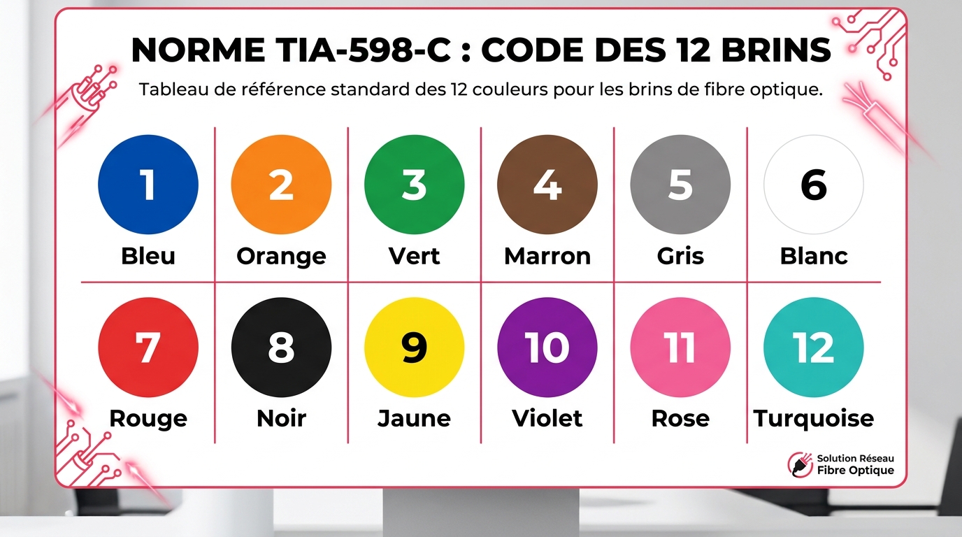 Code des 12 couleurs de la norme TIA-598 pour le repérage des fibres optiques