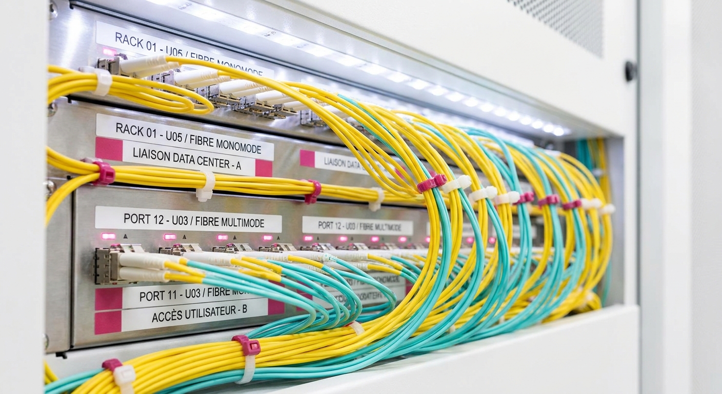 Baie de brassage fibre optique en datacenter avec repérage couleur standardisé