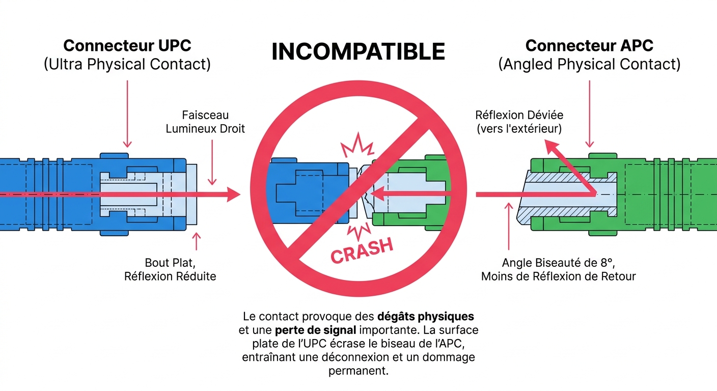 Schéma de différence physique entre polissage optique UPC plat et APC biseauté