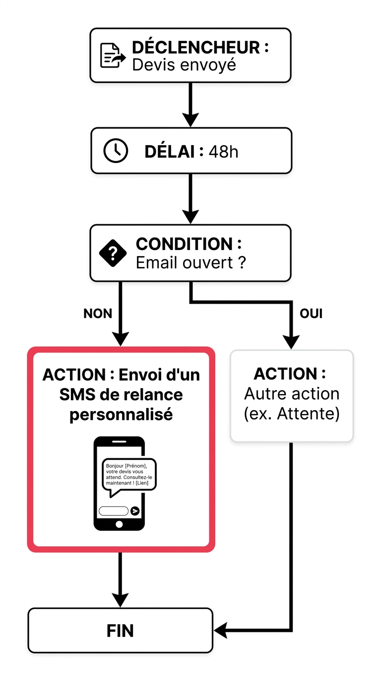 Exemple de workflow automatisé multicanal email et SMS configuré dans HubSpot