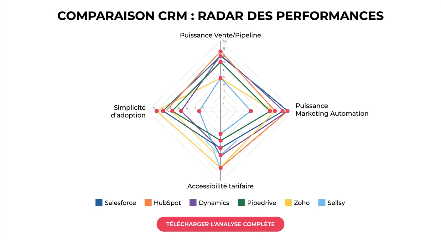 Comparatif radar des logiciels CRM selon la complexité, les fonctionnalités ventes et marketing, et le prix