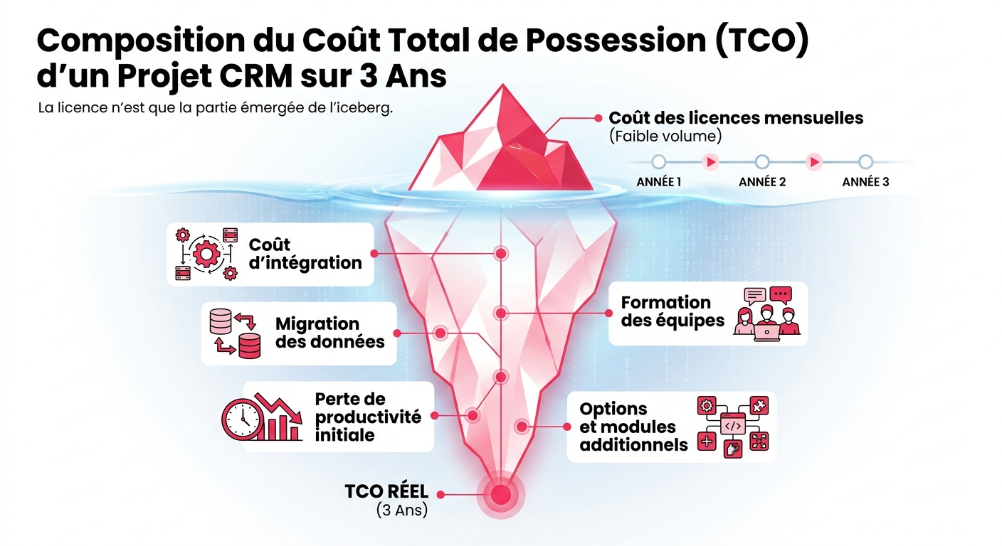 Graphique du TCO d'un CRM : la licence vs les coûts cachés d'intégration et de migration