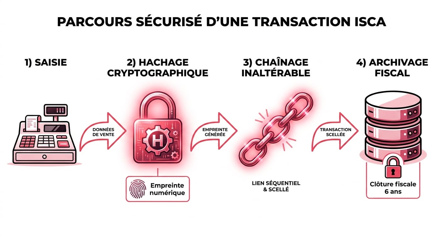 Diagramme technique du processus ISCA : inaltérabilité, sécurisation, conservation et archivage des données de caisse