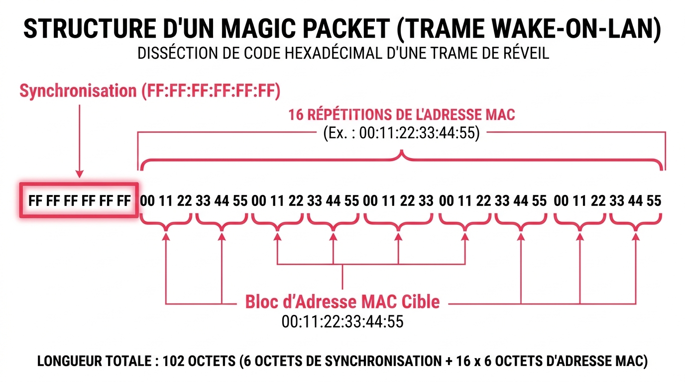 Structure hexadécimale d'un Magic Packet WoL : synchronisation et répétition de l'adresse MAC cible