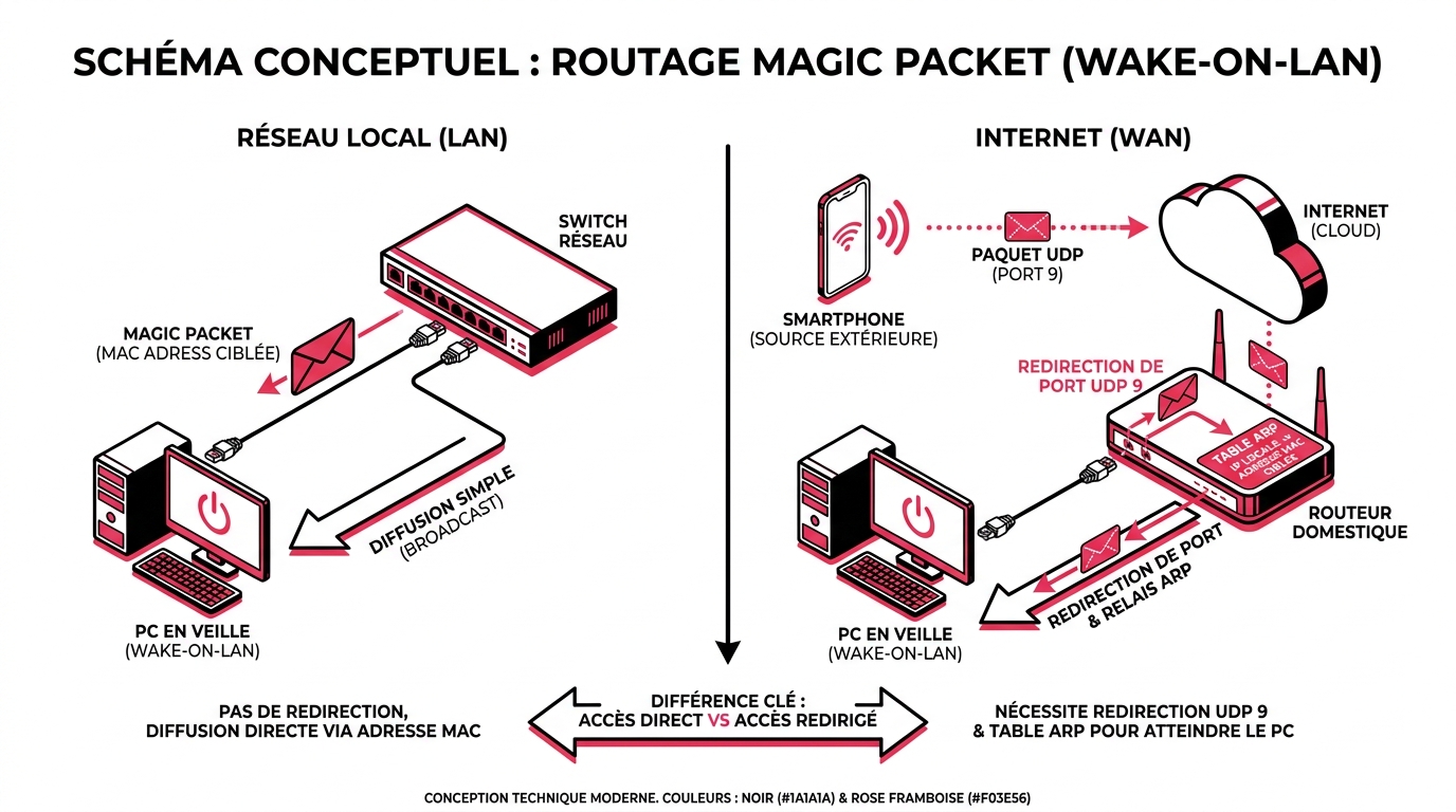 Schéma technique du routage Wake-on-LAN : différence de fonctionnement entre réseau local (LAN) et réveil via Internet (WAN)