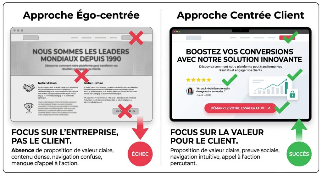 Comparatif UX : structure d'une page d'accueil qui convertit versus une page inefficace