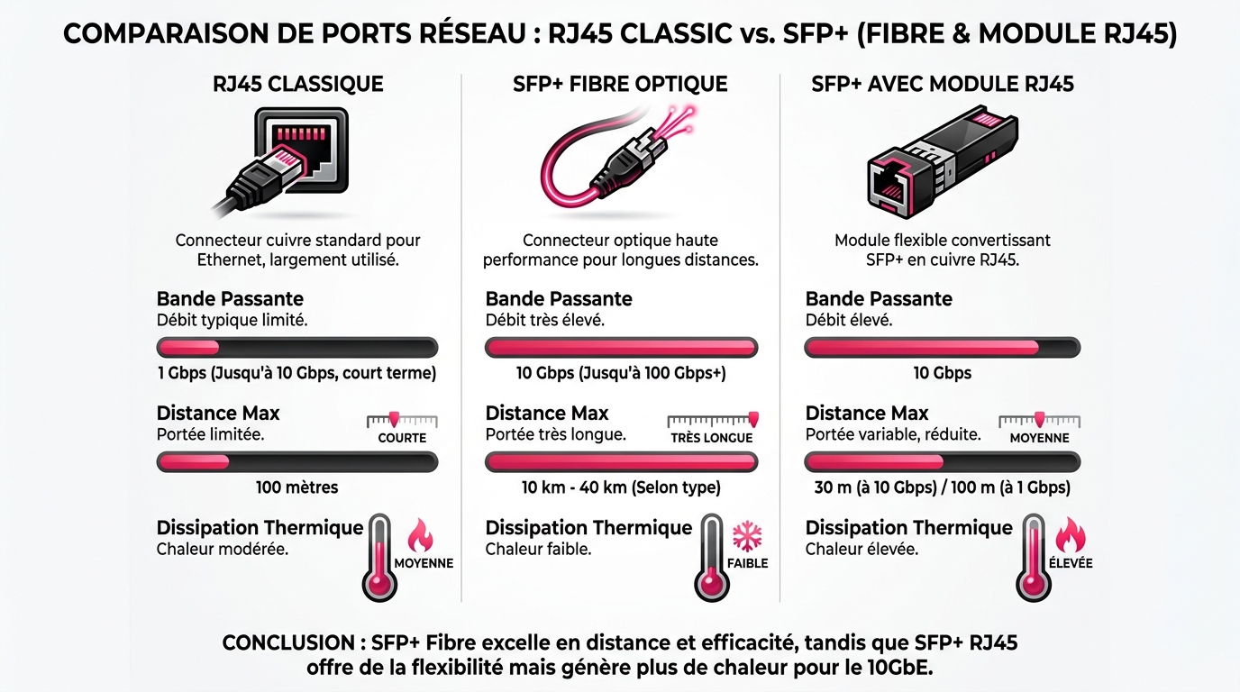 Comparatif technique détaillé : débit et distance entre ports RJ45 classiques, SFP+ fibre et SFP+ cuivre