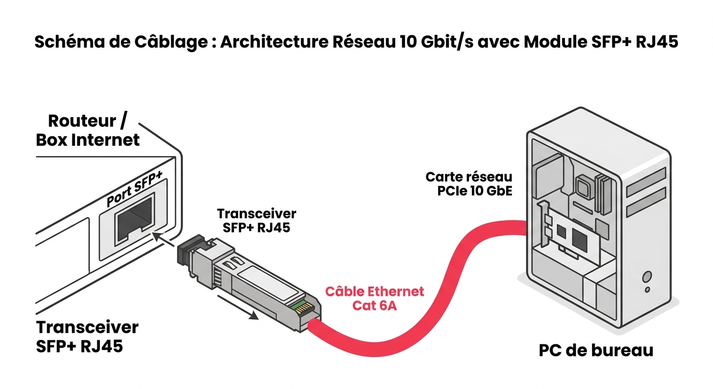 Schéma d'architecture réseau domestique 10 Gbit/s : connexion box SFP+ vers PC via module RJ45
