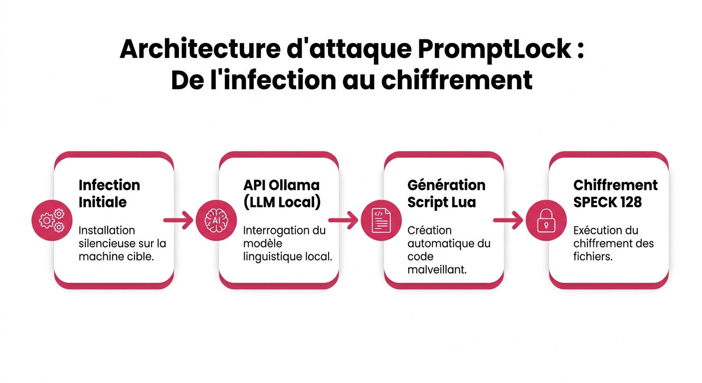 Schéma d'architecture technique du ransomware PromptLock via IA locale et scripts Lua